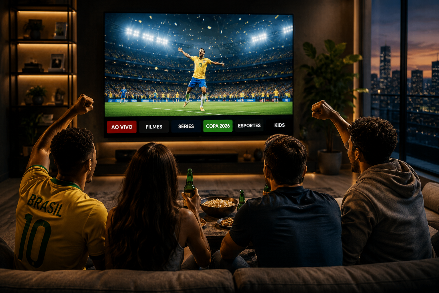 Família assistindo TV e streaming em tela grande com tema de futebol